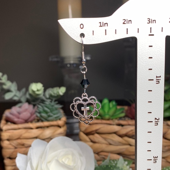 Graceful Filigree Heart Silver Cross Dangle Earrings - Picture 9 of 10